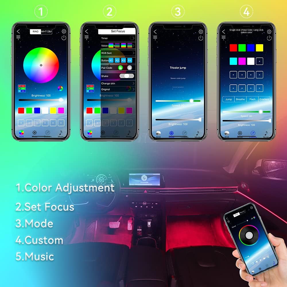 Car Underglow Lights Led Strip Lights for Cars USB with App Control RGB Multicolor Car Interior Lighting 12V Atmosphere Neon Lights Strip LED under Dash Car Lighting Motorcycles Led Lights 2 in 2