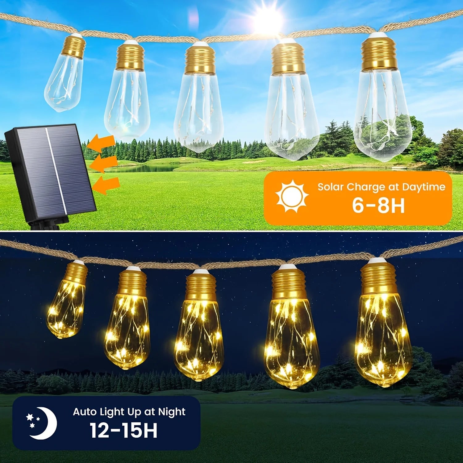 Outdoor Solar String Lights 8M 16 Bulb Solar Hemp Rope Patio Lights 8 Modes Waterproof Hanging LED Fairy Lights for Garden Party