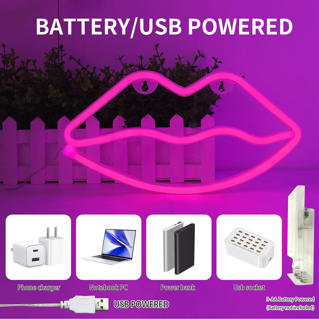 Pink Lip Neon Lights LED Lips Light Neon Signs Battery/Usb Operated Signs Wall Lamps Light up Your Bedroom Party Wedding Bar