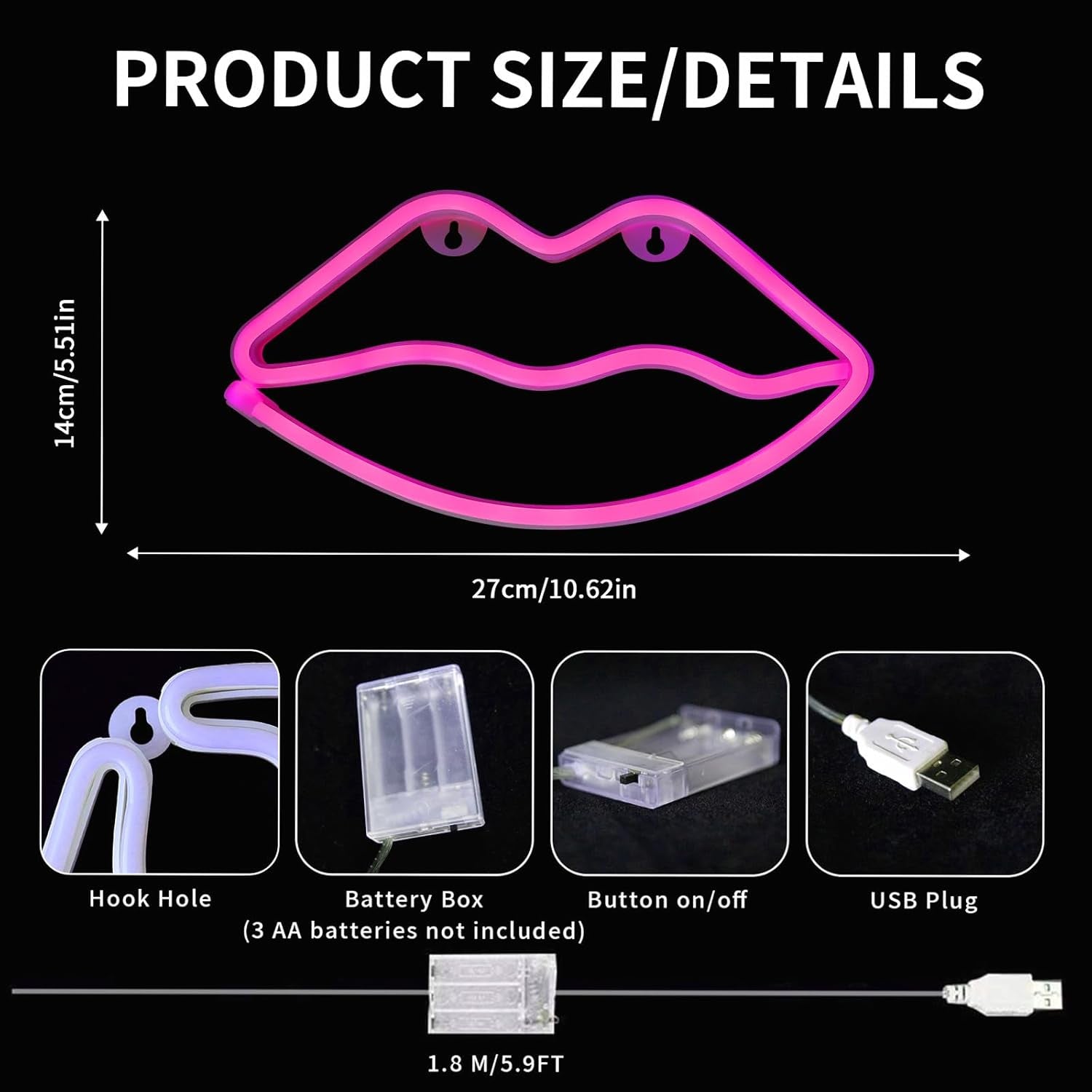 Pink Lip Neon Lights LED Lips Light Neon Signs Battery/Usb Operated Signs Wall Lamps Light up Your Bedroom Party Wedding Bar