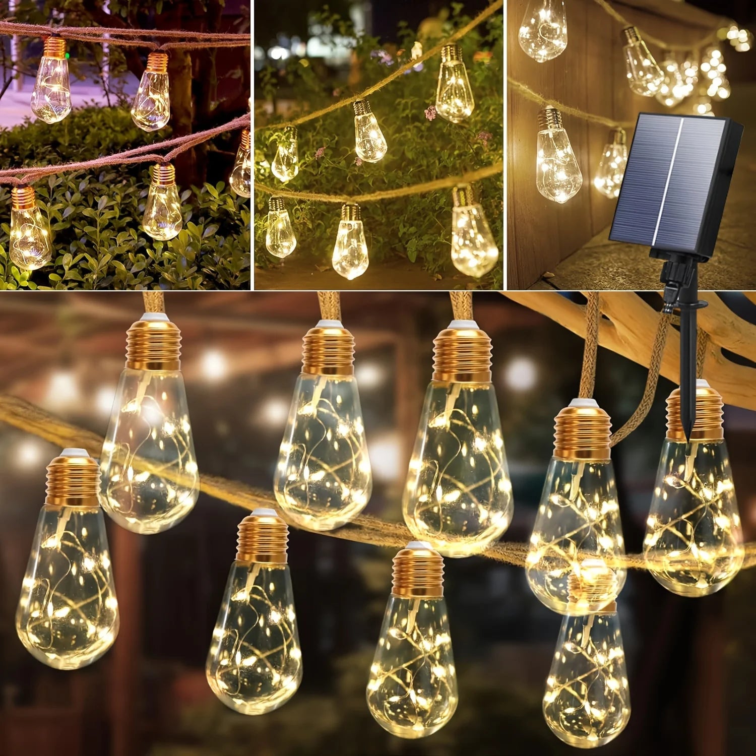 Outdoor Solar String Lights 8M 16 Bulb Solar Hemp Rope Patio Lights 8 Modes Waterproof Hanging LED Fairy Lights for Garden Party
