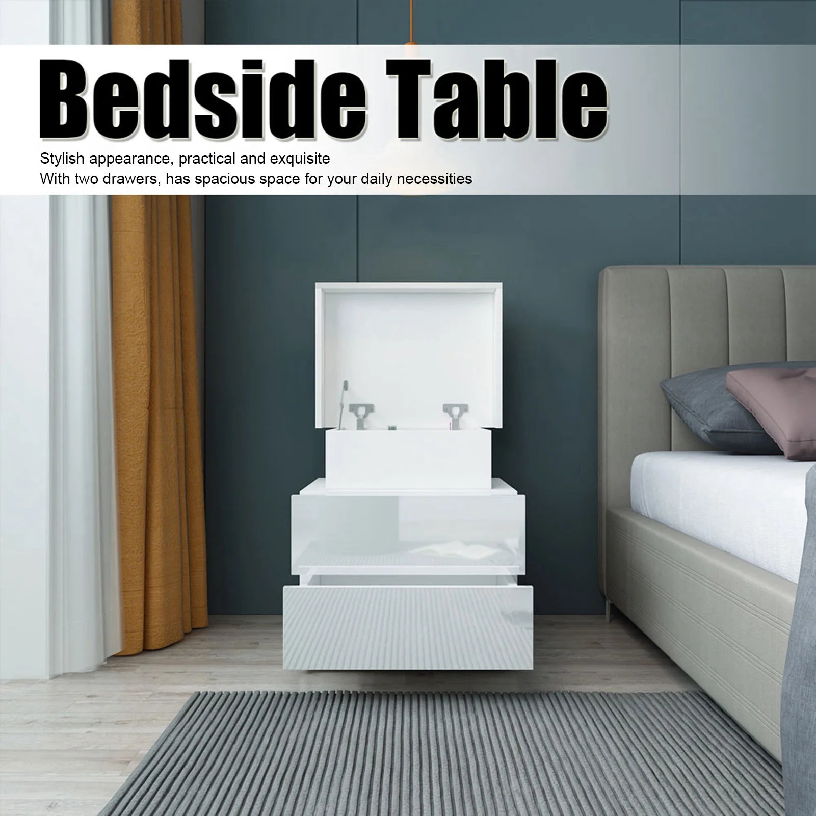 Bedside Table Large Capacity RGB Light Storage Nightstand Cabinet with 2 Drawers for Bedroom Bedside Desk Bedroom LED Nightstand