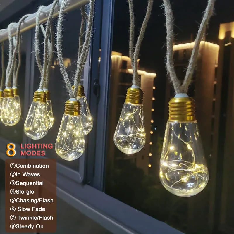 Outdoor Solar String Lights 8M 16 Bulb Solar Hemp Rope Patio Lights 8 Modes Waterproof Hanging LED Fairy Lights for Garden Party