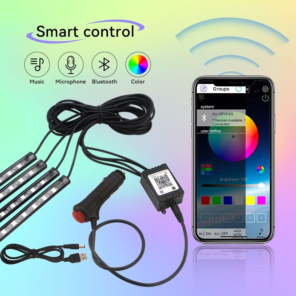 Car Underglow Lights Led Strip Lights for Cars USB with App Control RGB Multicolor Car Interior Lighting 12V Atmosphere Neon Lights Strip LED under Dash Car Lighting Motorcycles Led Lights 2 in 2