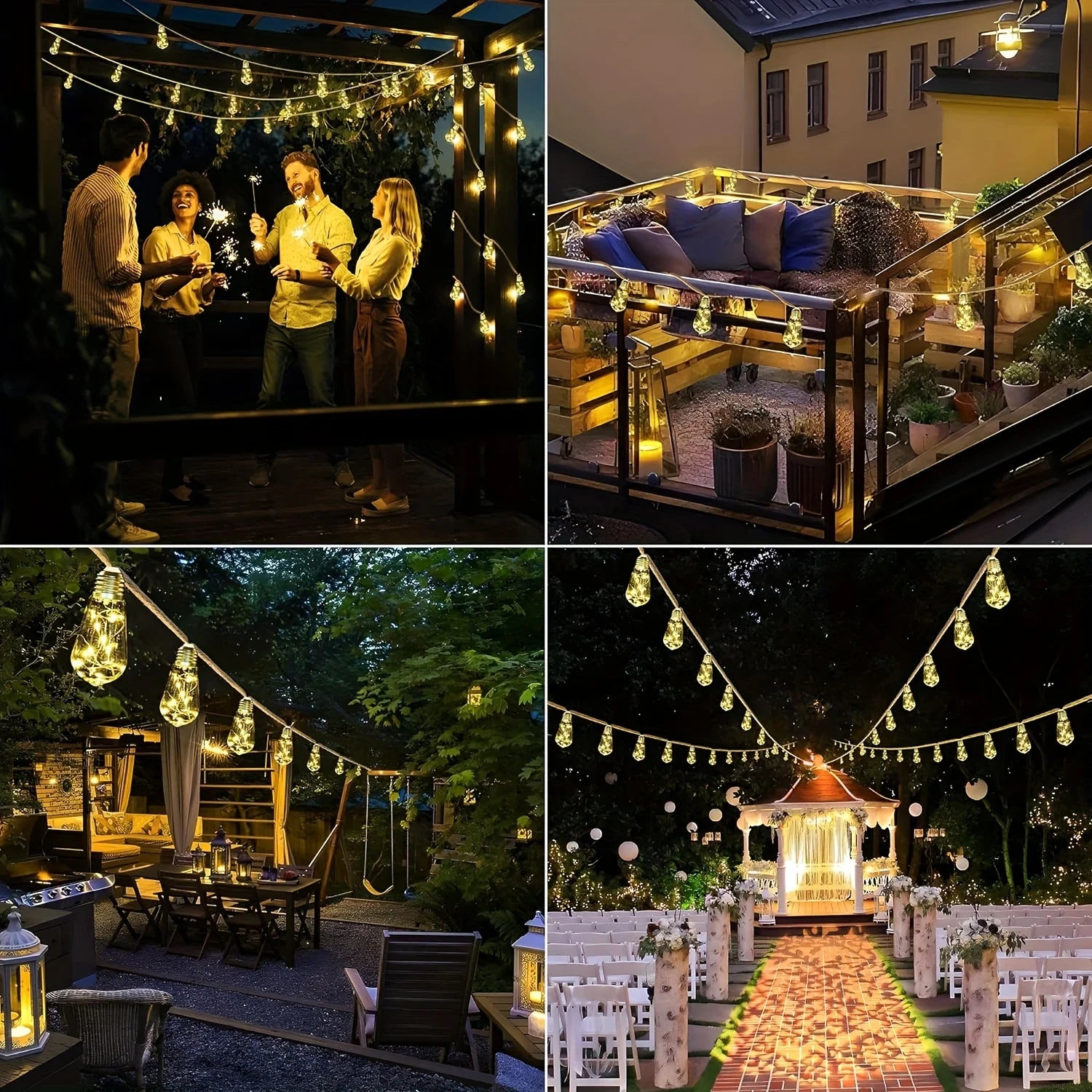 Outdoor Solar String Lights 8M 16 Bulb Solar Hemp Rope Patio Lights 8 Modes Waterproof Hanging LED Fairy Lights for Garden Party