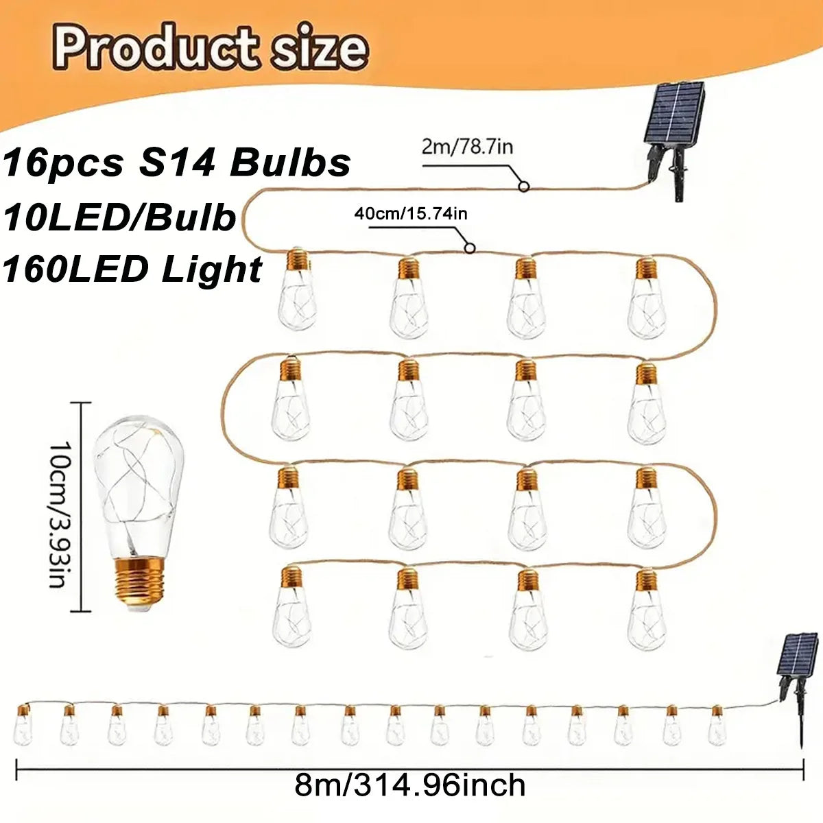 Outdoor Solar String Lights 8M 16 Bulb Solar Hemp Rope Patio Lights 8 Modes Waterproof Hanging LED Fairy Lights for Garden Party