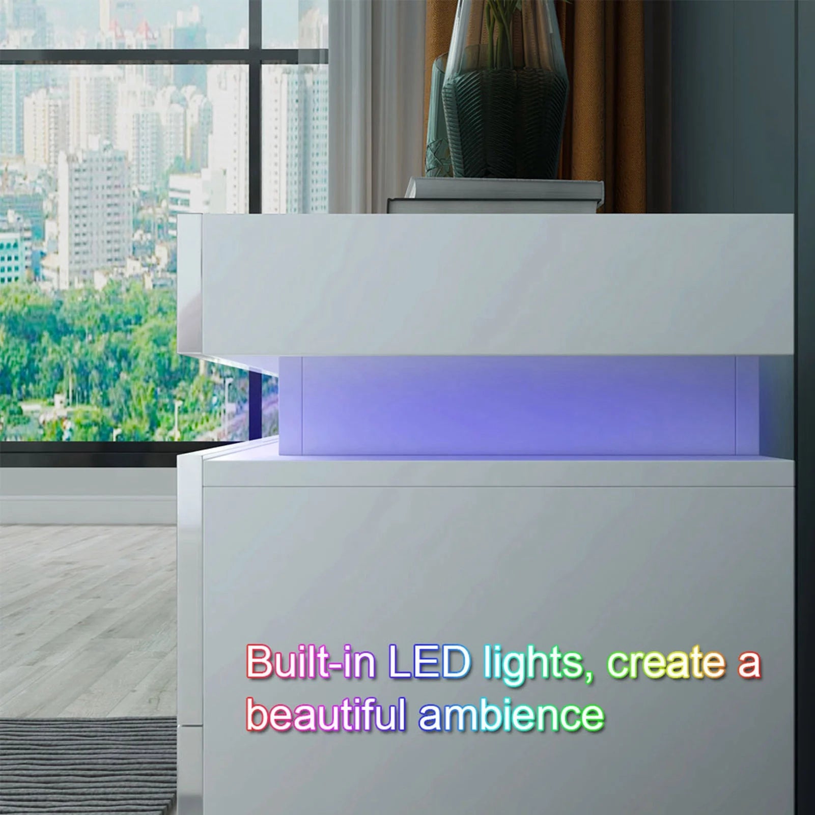 Bedside Table Large Capacity RGB Light Storage Nightstand Cabinet with 2 Drawers for Bedroom Bedside Desk Bedroom LED Nightstand